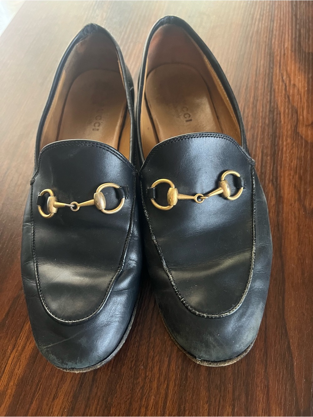 Gucci Black Leather Horsebit Slip-On Loafers with Gold Hardware